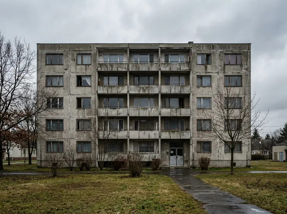 Négyemeletes panelház homlokzata fűvel és fákkal a ház előtt, borult idő.