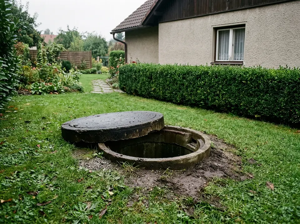 Kerti szennyvízakna félretolt fedéllel egy családi ház gyepes udvarán, sövény mellett.
