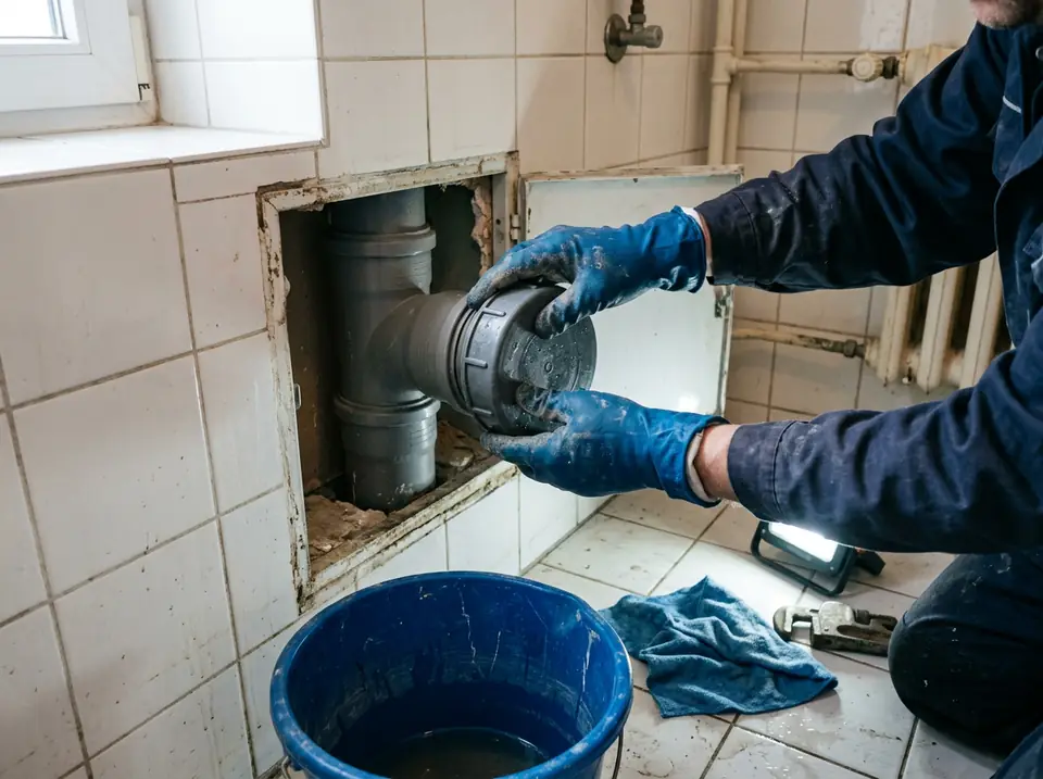 Szerelő kesztyűs keze csavarozza le az ejtővezeték tisztítónyílásának fedelét egy fürdőszobai szerelőajtón át.